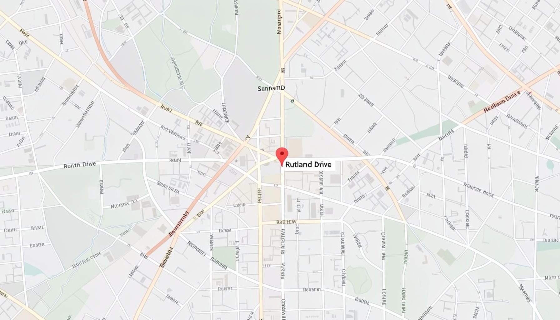 Street map showing the restaurant location on Rutland Drive in north Austin, with nearby roads and neighborhood blocks visible in muted tones