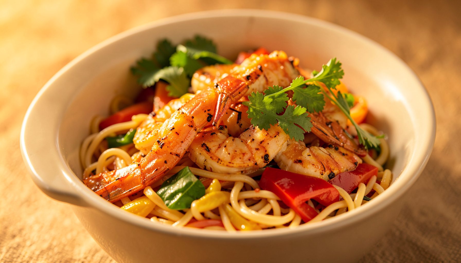 Vermicelli bowl with grilled shrimp, colorful vegetables, and fresh cilantro in warm golden light