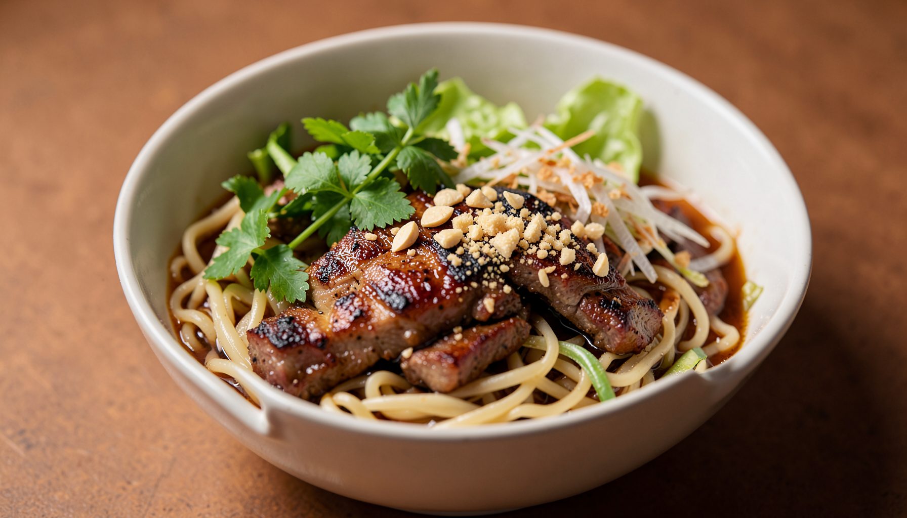 Vermicelli bowl with grilled pork, fresh herbs, shredded lettuce, and crushed peanuts in warm earthy tones
