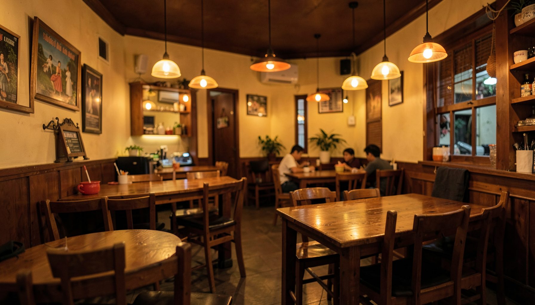 Warm interior of a cozy Vietnamese restaurant with wooden tables, pendant lights, and soft amber glow