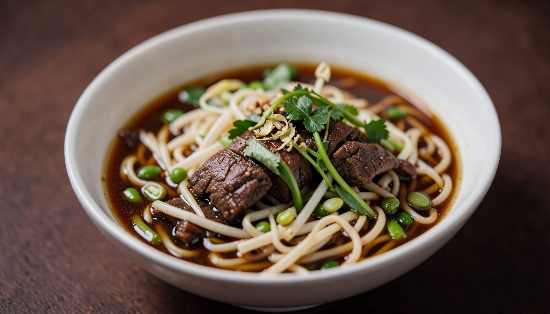 Vermicelli bowl with beef, bean sprouts, and aromatic herbs in rich brown and green tones