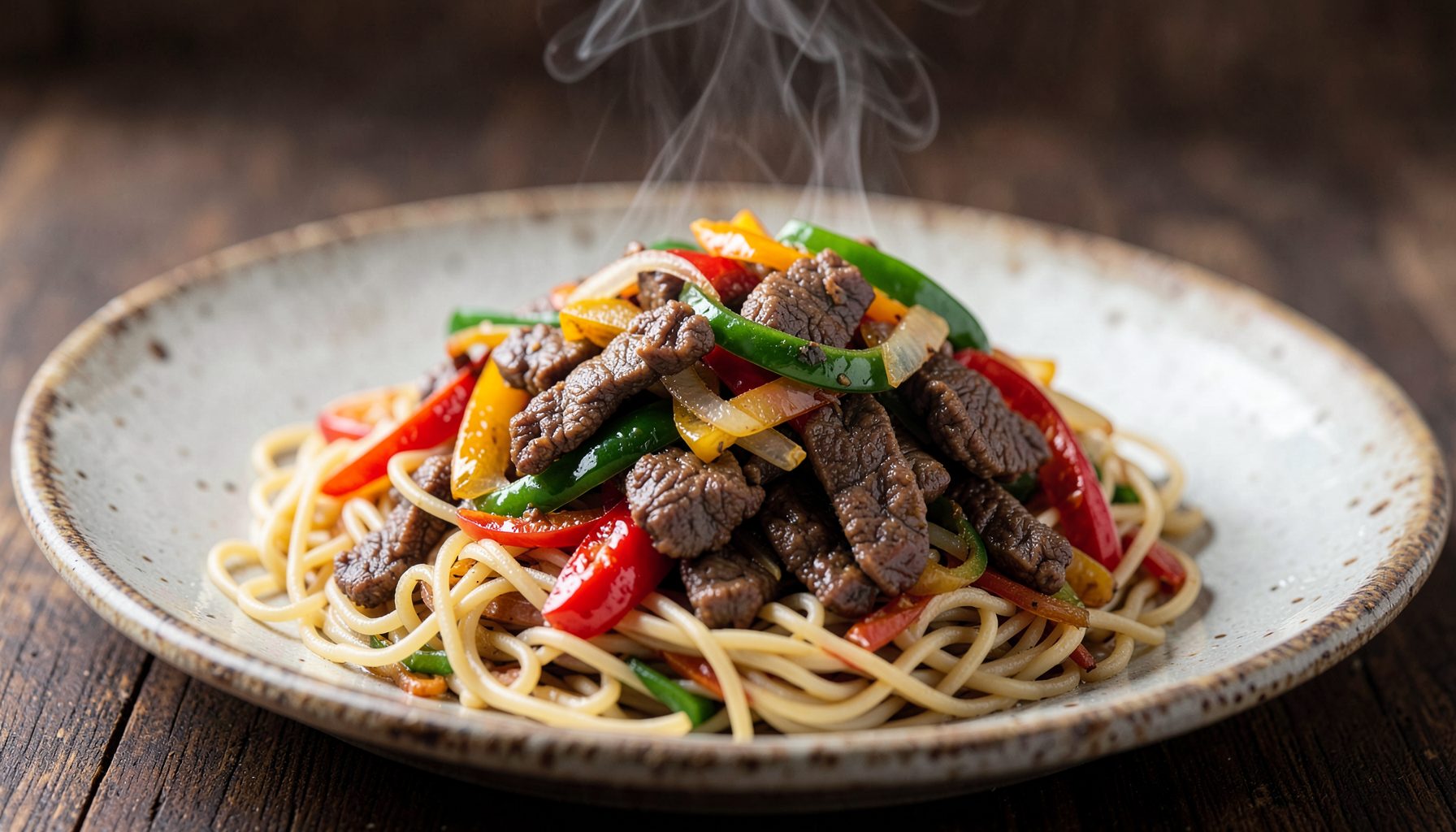Close-up of vermicelli noodles topped with stir-fried beef strips, bell peppers, and onions, steam rising from the dish on a rustic ceramic plate